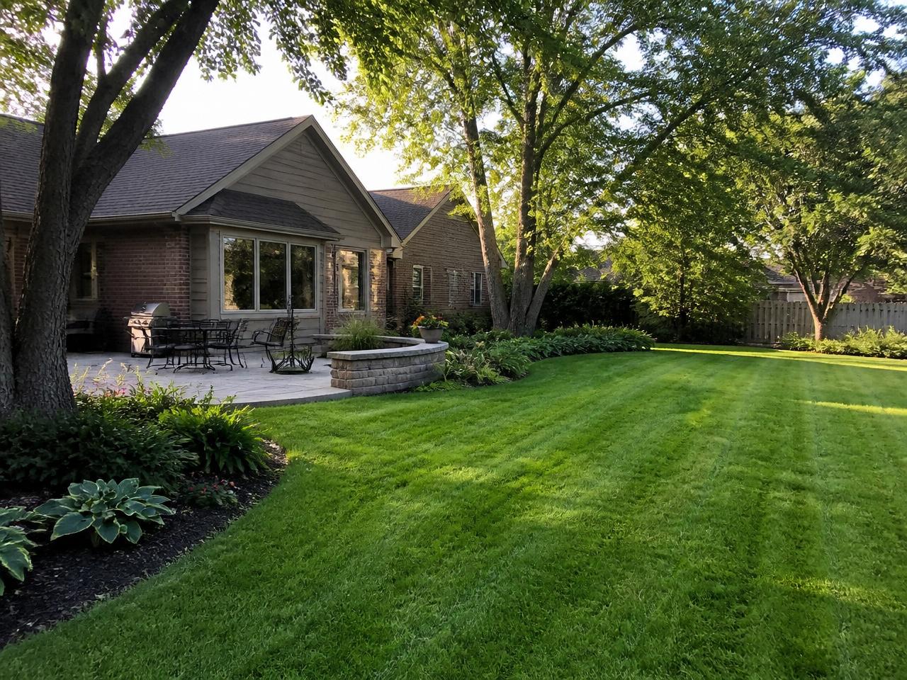 Indiana family enjoying a backyard patio beside a manicured Meadow lawn at golden hour