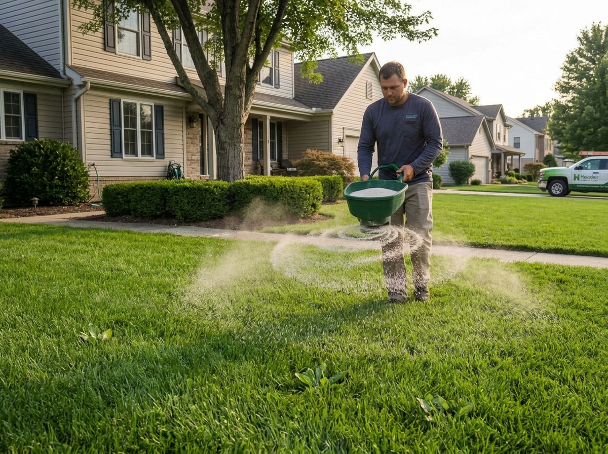 Technician spreading granular fertilizer across a green lawn