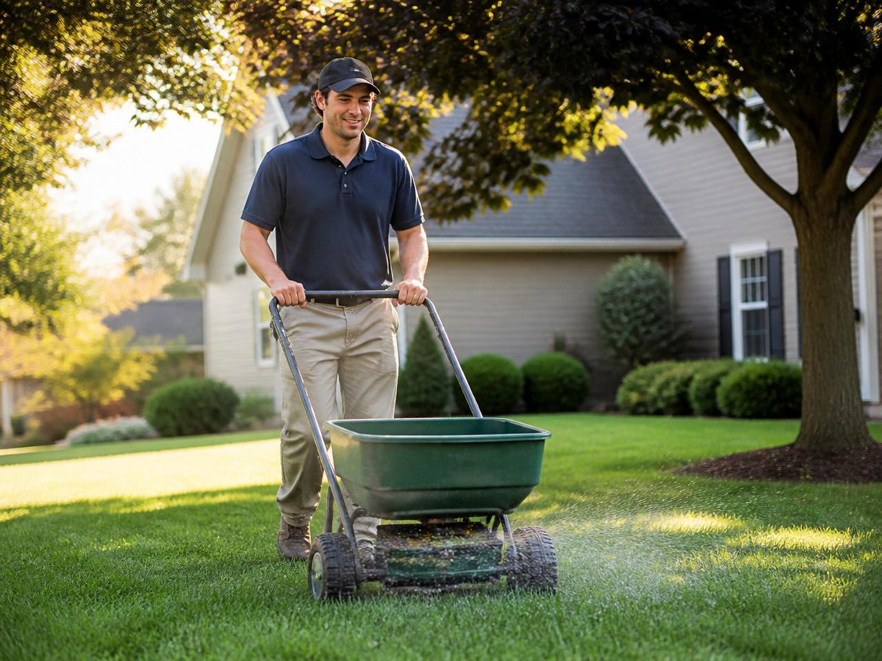 Meadow technician applying fertilizer to a healthy Indiana lawn